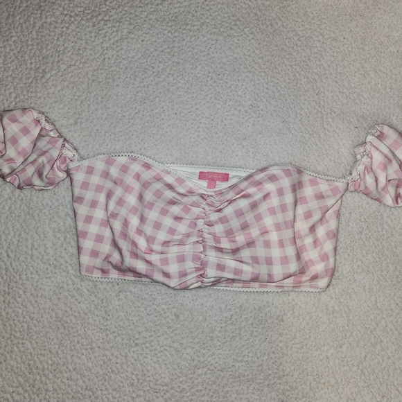 NWT Dolls Kill Pink And White Plaid Sexy Peasants Style Crop Top 😍 - Picture 3 of 7